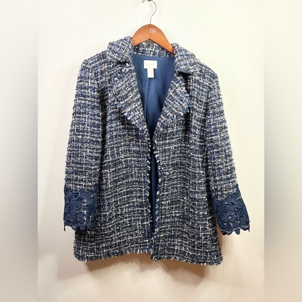 Chico's tweed lace-cuff detail open-front blazer jacket size 1 (US M)
